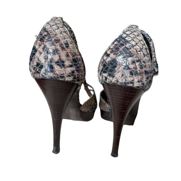 Stuart Weitzman Women Stewpot Platform Heels Tan Black Snakeskin Peeptoes 8.5h - Picture 7 of 10